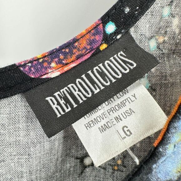 Retrolicious Sheath Mini Dress L Black Blue Sleeveless Galaxy Space Solar Planet - Picture 3 of 6